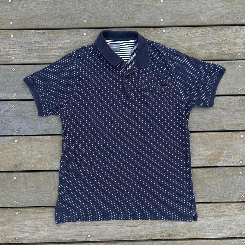 Navy Blue Peter Werth Polo Shirt w/ White Polka Dots All Over